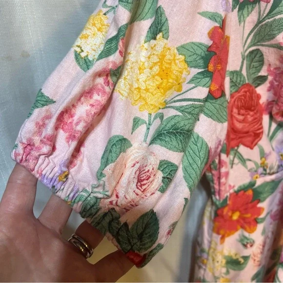 Old Navy Linen Floral Cottagecore Puff Sleeve Cut Out Midi Dress Size Medium - Picture 5 of 11